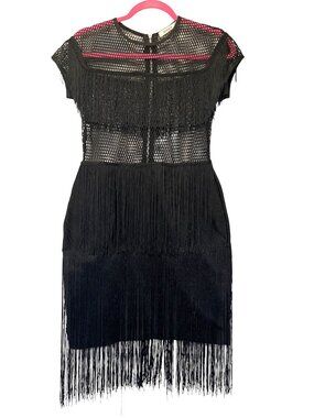 NAANAA Black Mesh & Fringe Dress With 3/4 Back Zipper Size M Polyester/Spandex